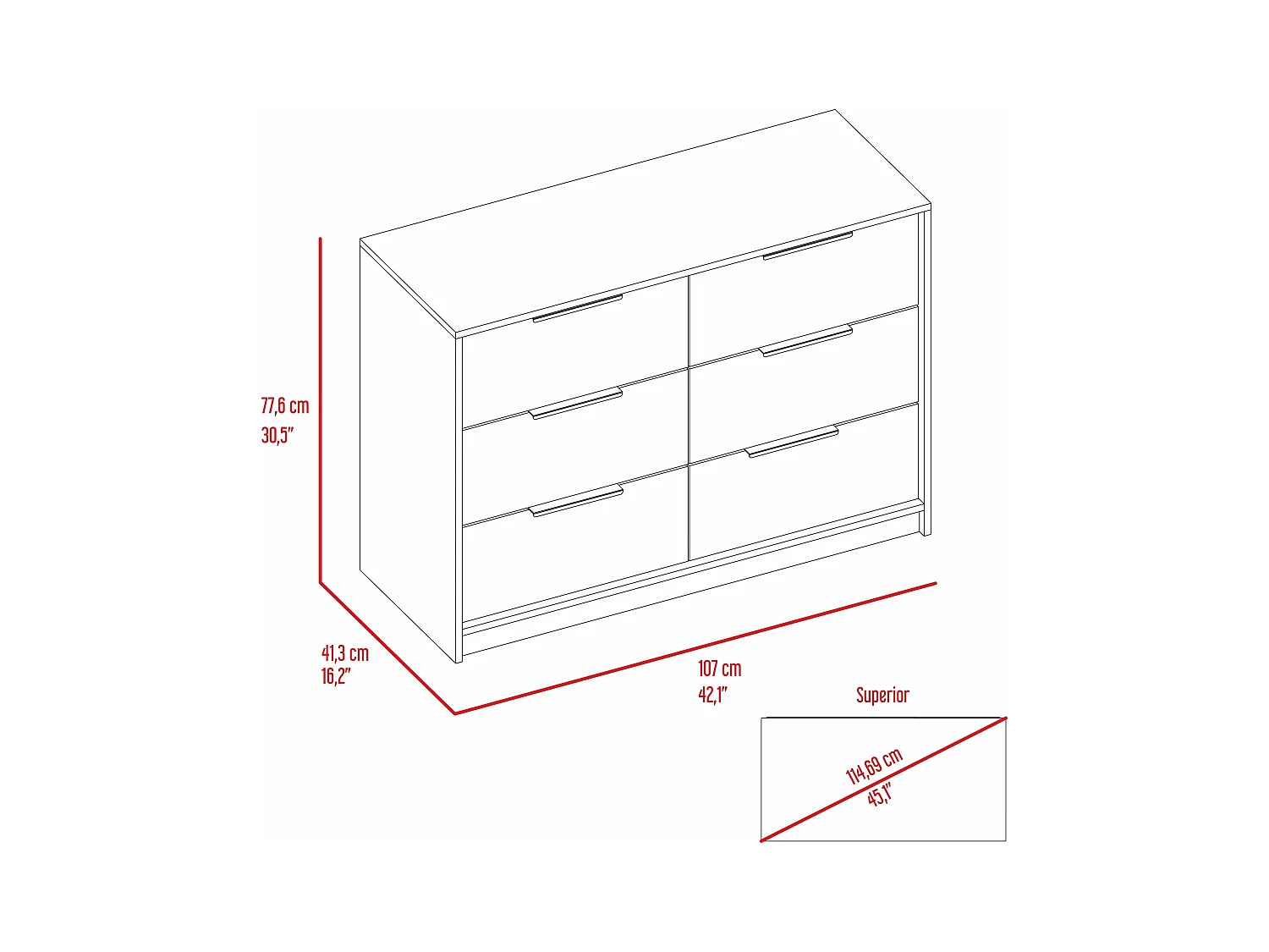 Commode Kaia en mélaminé avec 4 tiroirs avec rails métalliques et 2 meubles bas, multicolore, 77.6 cm X 107 cm X 41.3 cm
