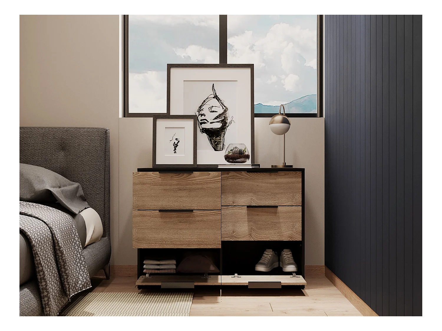 Commode Kaia en mélaminé avec 4 tiroirs avec rails métalliques et 2 meubles bas, multicolore, 77.6 cm X 107 cm X 41.3 cm