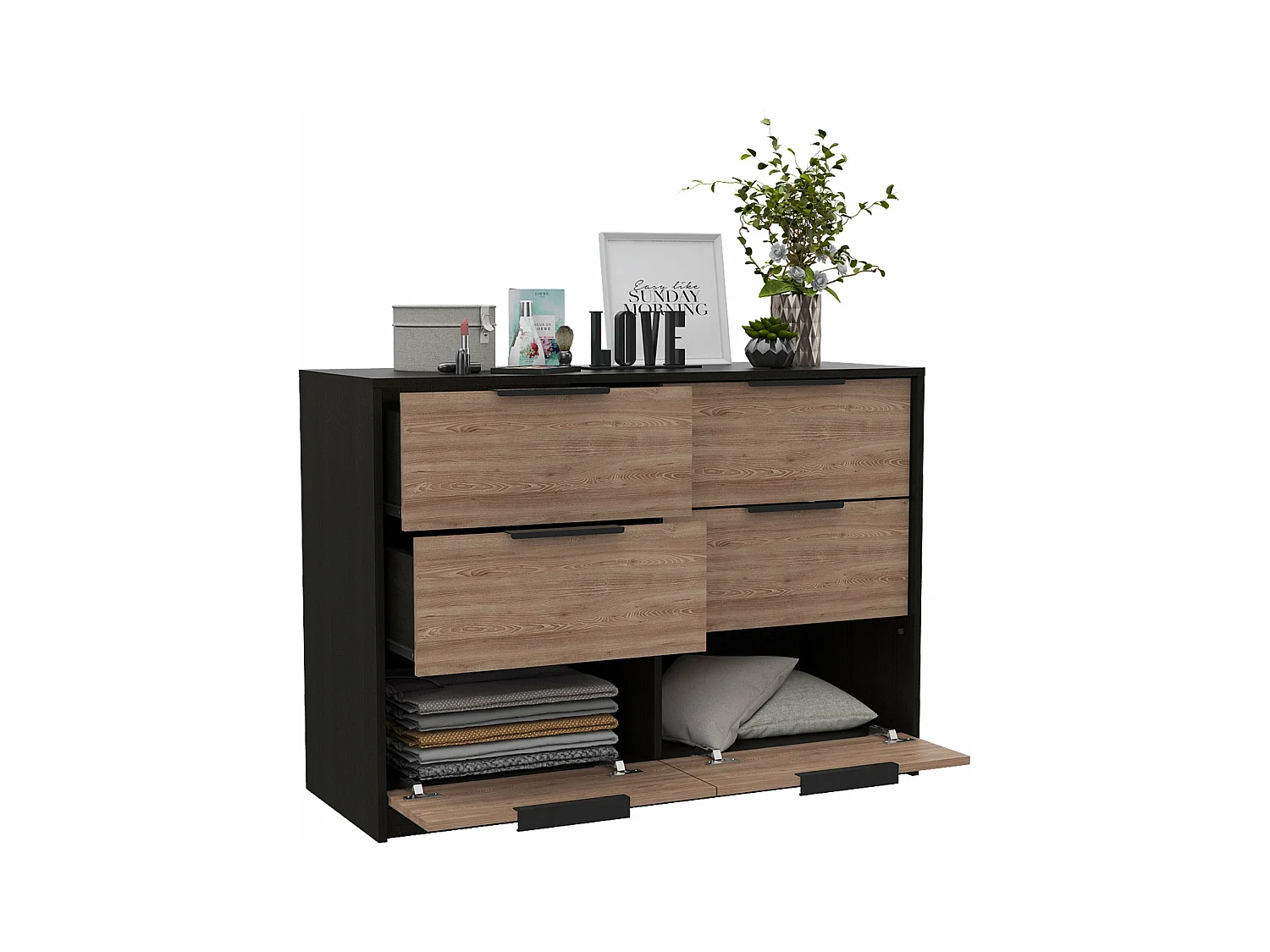 Commode Kaia en mélaminé avec 4 tiroirs avec rails métalliques et 2 meubles bas, multicolore, 77.6 cm X 107 cm X 41.3 cm