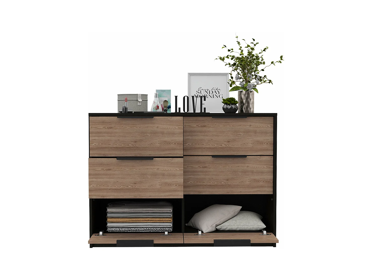 Commode Kaia en mélaminé avec 4 tiroirs avec rails métalliques et 2 meubles bas, multicolore, 77.6 cm X 107 cm X 41.3 cm