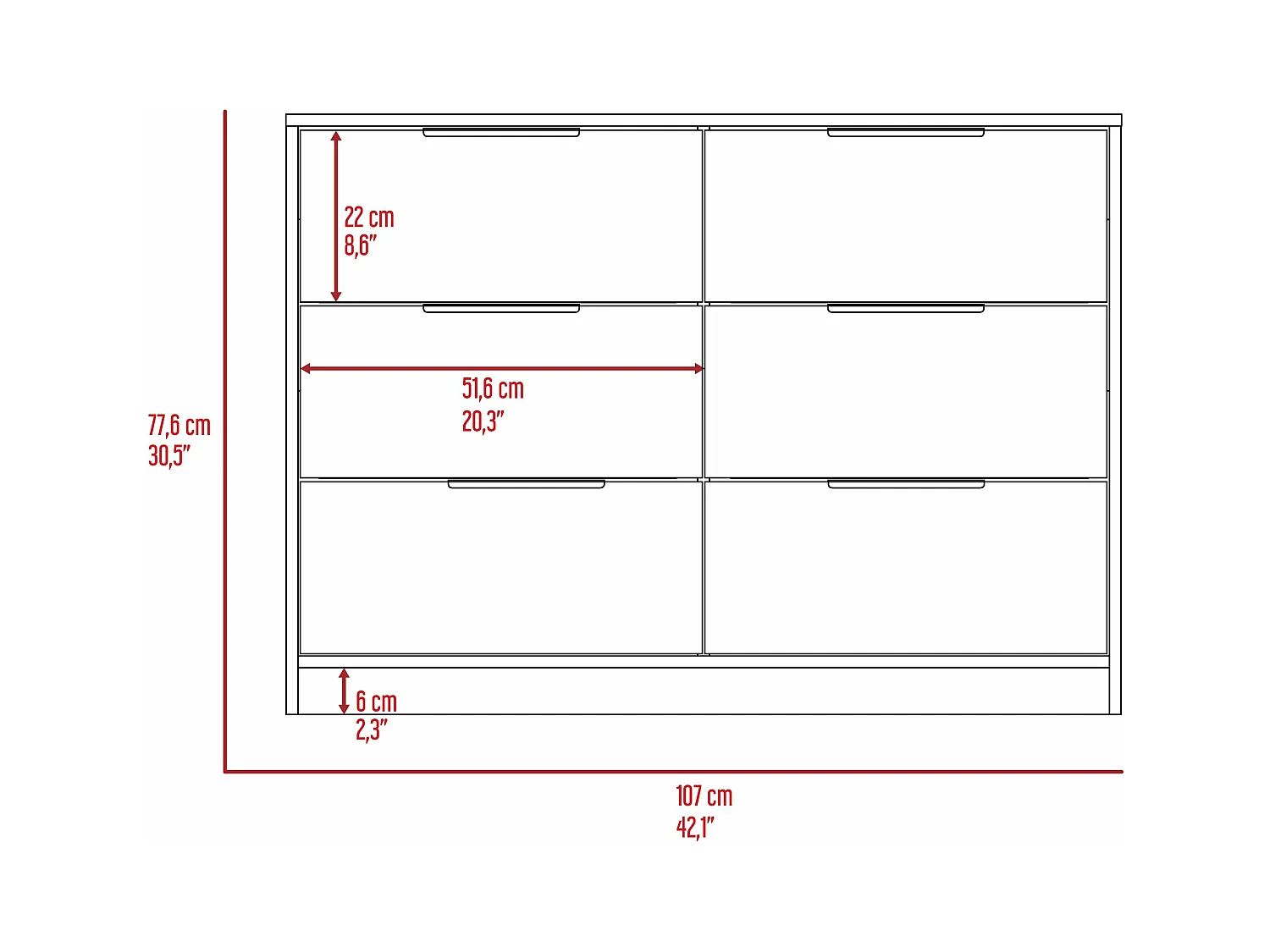 Commode Kaia en mélaminé avec 4 tiroirs avec rails métalliques et 2 meubles bas, multicolore, 77.6 cm X 107 cm X 41.3 cm