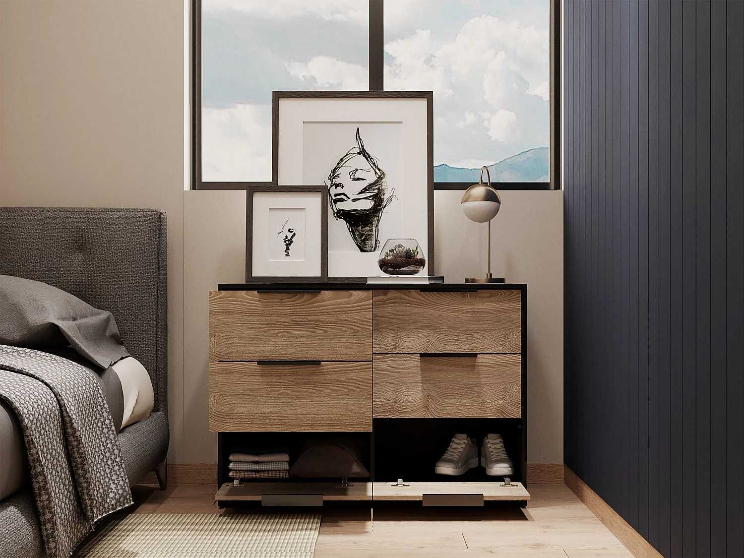 Cassettiera Kaia in melamina con 4 cassetti con guide metalliche e 2 armadietti inferiori, multicolore, 77.6 cm X 107 cm X 41.3 cm