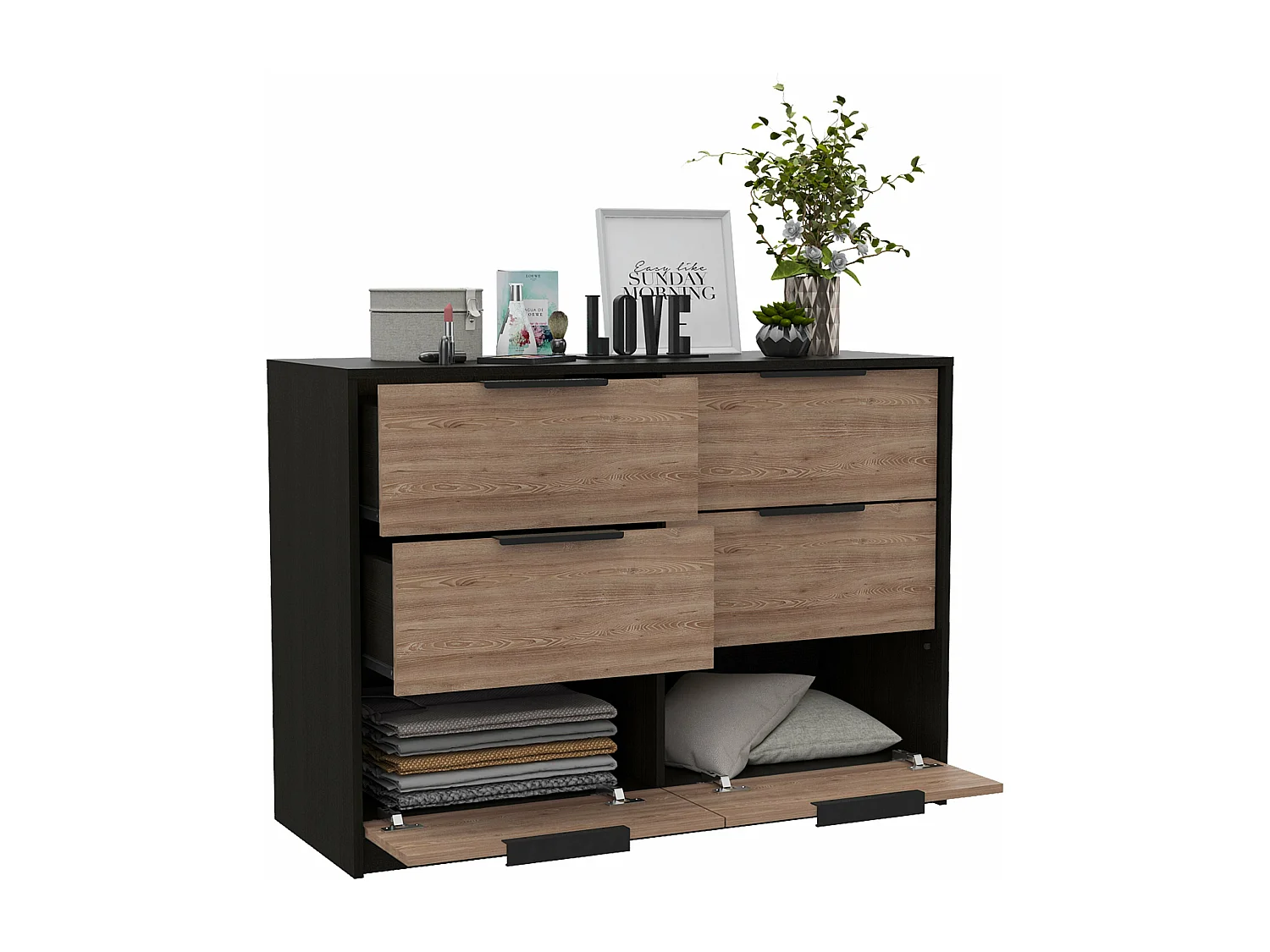 Cassettiera Kaia in melamina con 4 cassetti con guide metalliche e 2 armadietti inferiori, multicolore, 77.6 cm X 107 cm X 41.3 cm