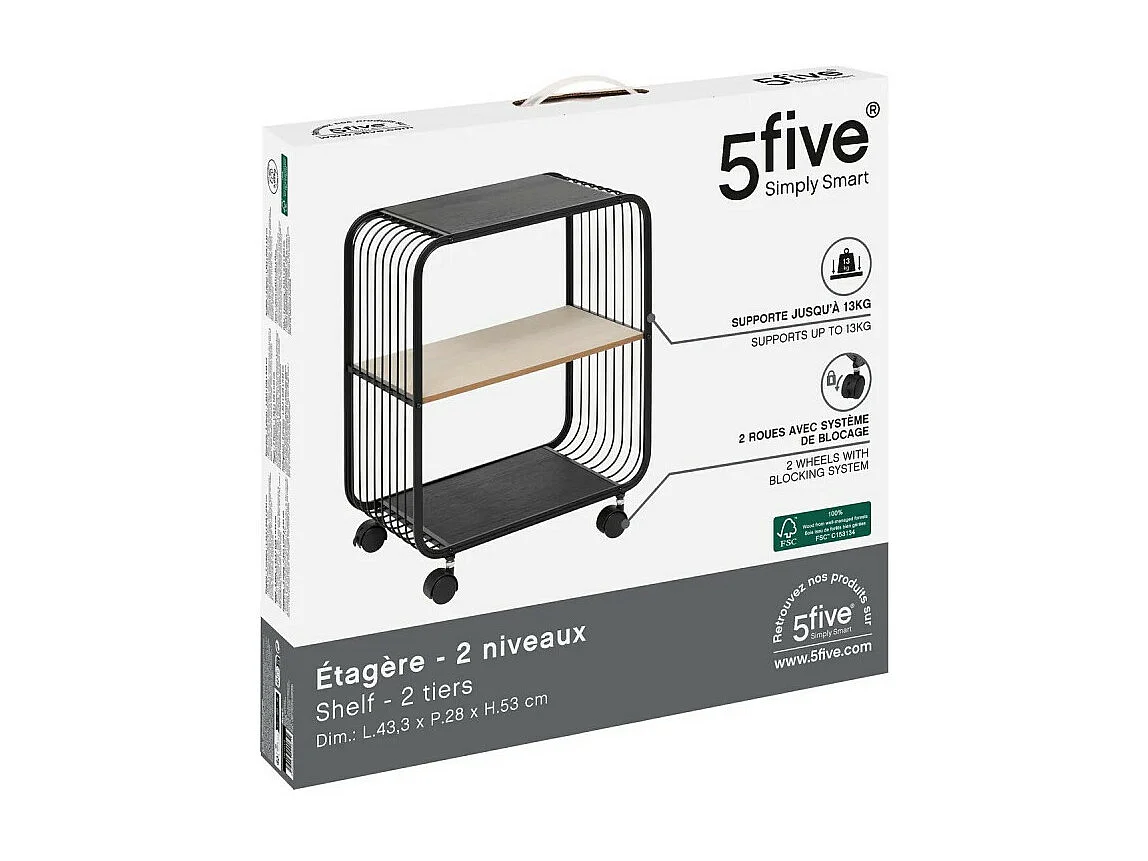 Étagère à Roulettes 2 Niveaux "Bert" 53cm Noir