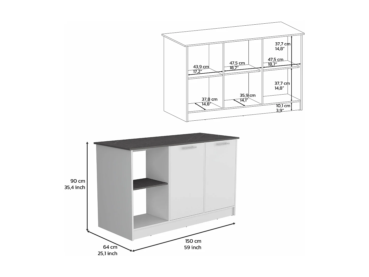 Isola da cucina Juniper in melaminico con 2 ante e 6 ripiani, multicolore, 90 cm X 150 cm X 64 cm
