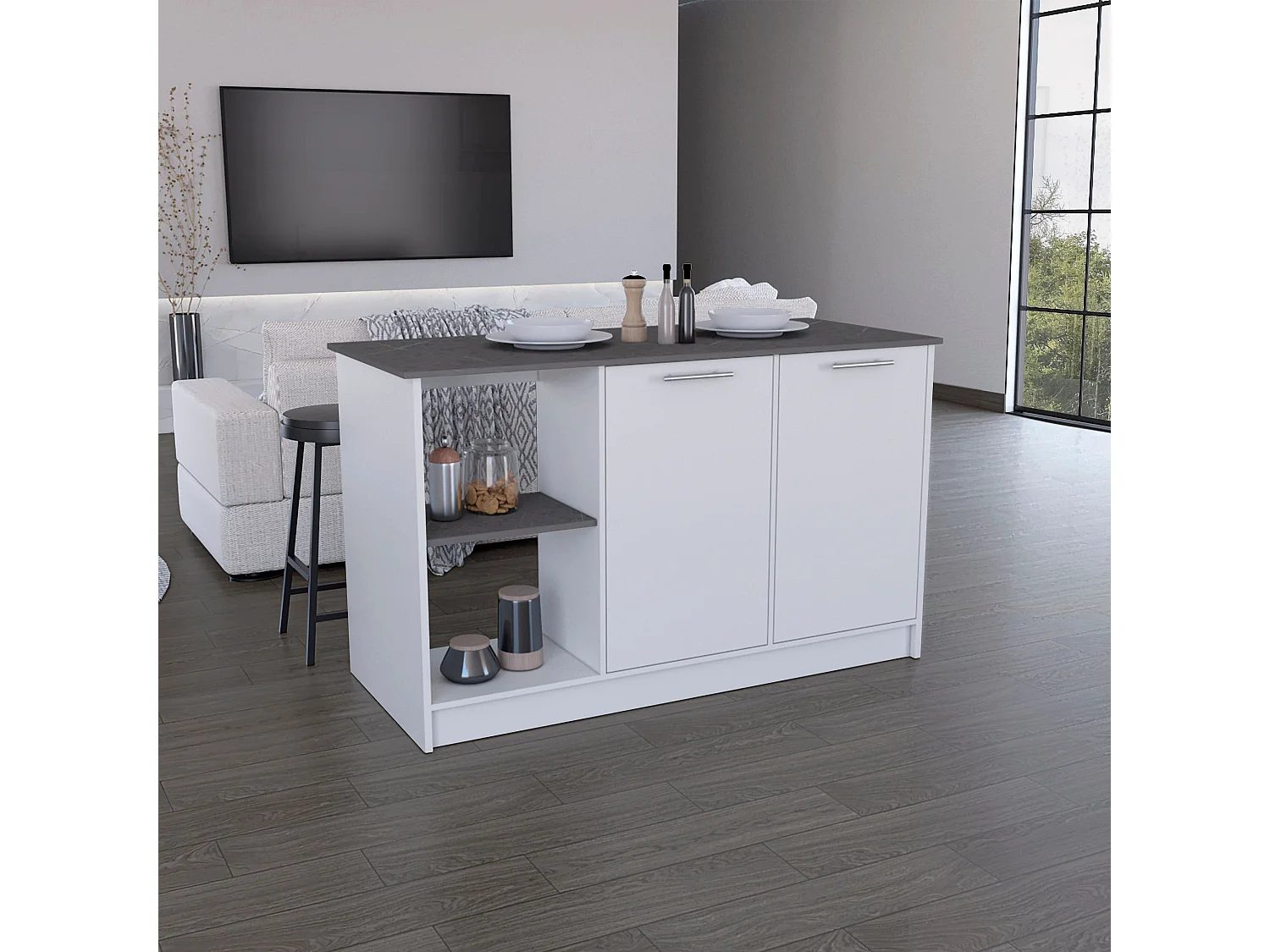 Isola da cucina Juniper in melaminico con 2 ante e 6 ripiani, multicolore, 90 cm X 150 cm X 64 cm