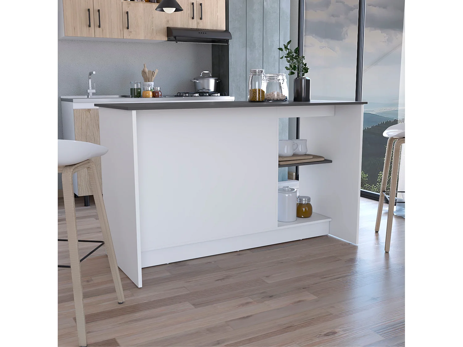 Isola da cucina Juniper in melaminico con 2 ante e 6 ripiani, multicolore, 90 cm X 150 cm X 64 cm