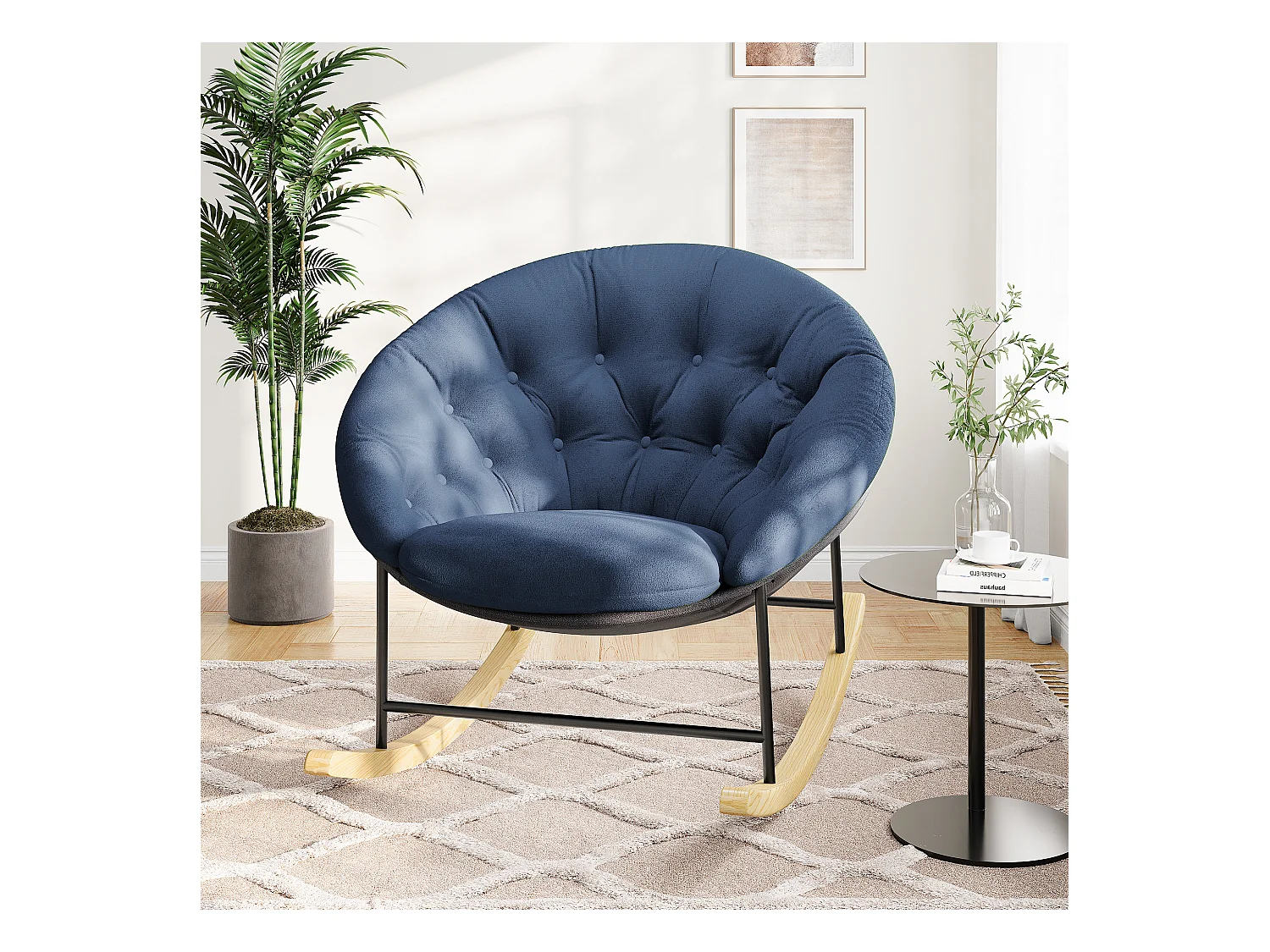 Fauteuil à bascule en tissu Sherpa Bleu nuit - Chaise Bascule ronde Allaitement avec Coussin - pieds en bois massif - Chaise Loisirs