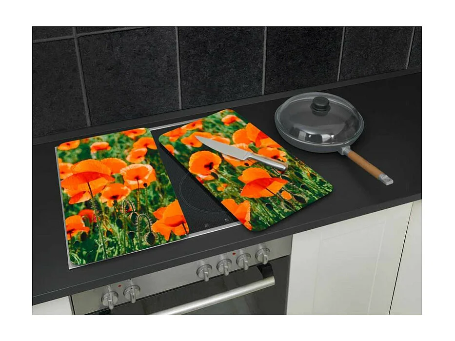 Lot de 2 plaques de protection en verre Universelle "Champ de Coquelicots" - Multicolore - l 30 x L 52 cm