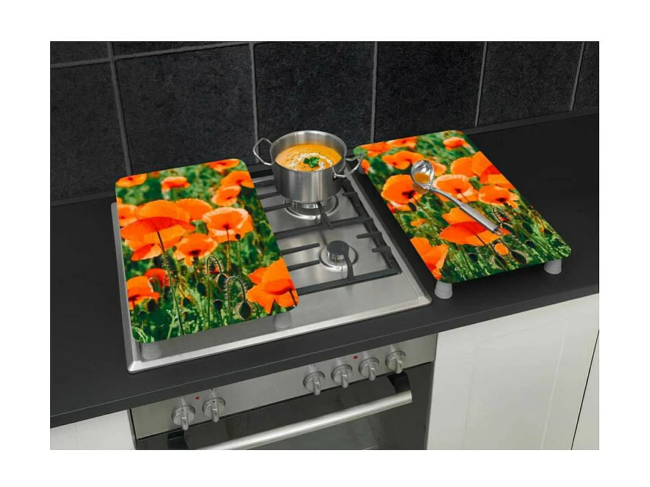 Lot de 2 plaques de protection en verre Universelle "Champ de Coquelicots" - Multicolore - l 30 x L 52 cm