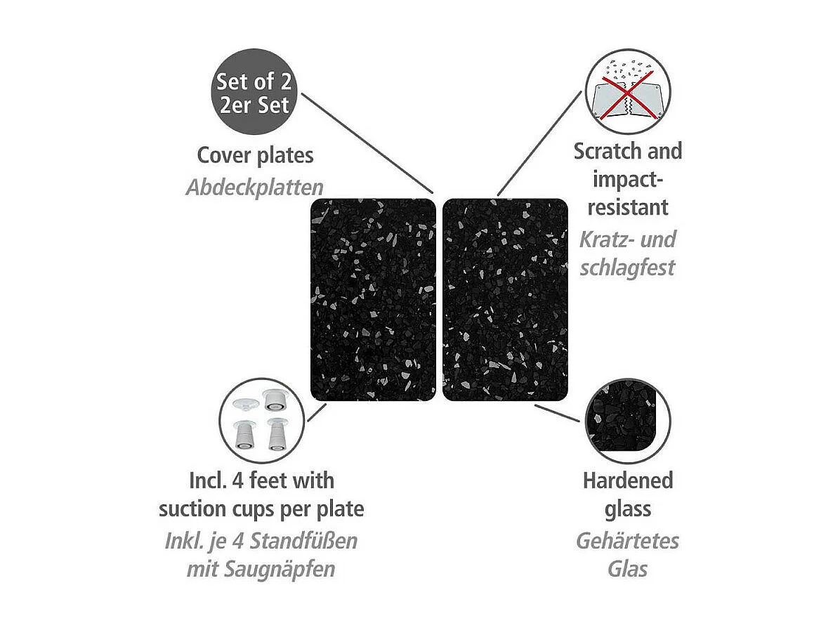 Lot de 2 protections de plaque de cuisson en verre trempé "Terrazzo" - Noir - L 52 x l 30 cm