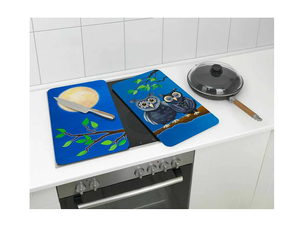 Lot de 2 plaques de protection en verre Universelle "Hiboux" - Multicolore - l 30 x L 52 cm