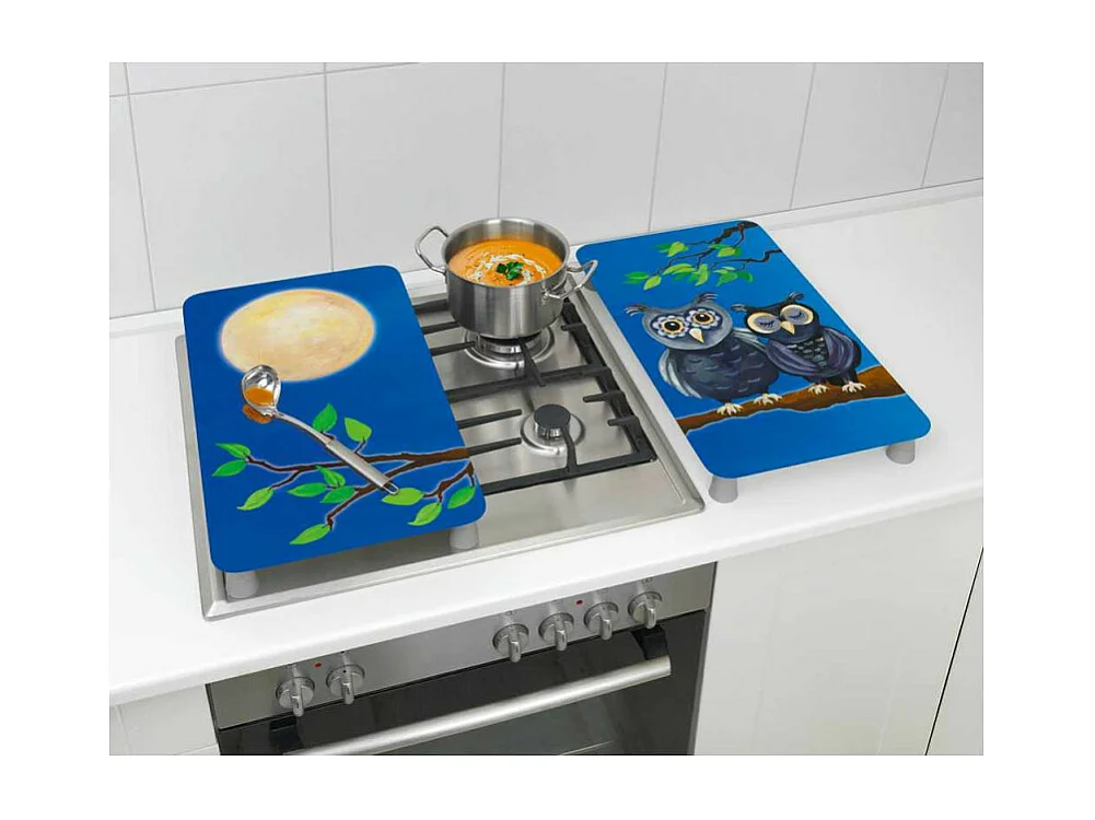 Lot de 2 plaques de protection en verre Universelle "Hiboux" - Multicolore - l 30 x L 52 cm