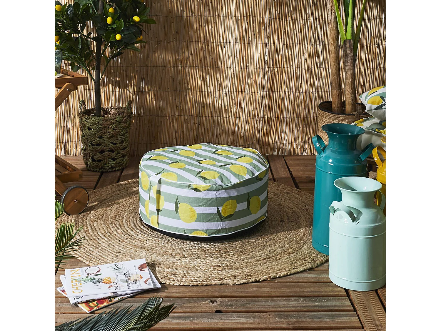 Pouf en polyester 23x56 cm rond collection LIMONE motifs citron vert
