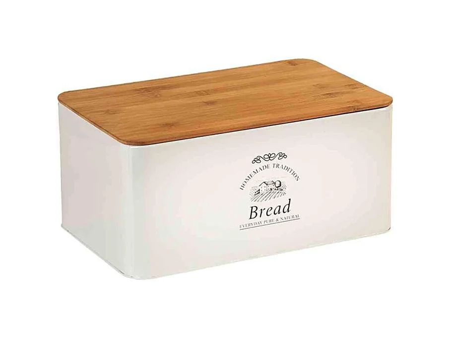 Boîte à pain en métal et bambou - Blanc - L 32,5 x l 15 cm x H 21 cm