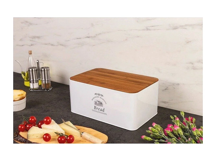 Boîte à pain en métal et bambou - Blanc - L 32,5 x l 15 cm x H 21 cm