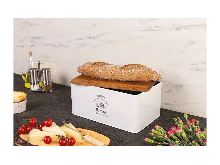 Boîte à pain en métal et bambou - Blanc - L 32,5 x l 15 cm x H 21 cm