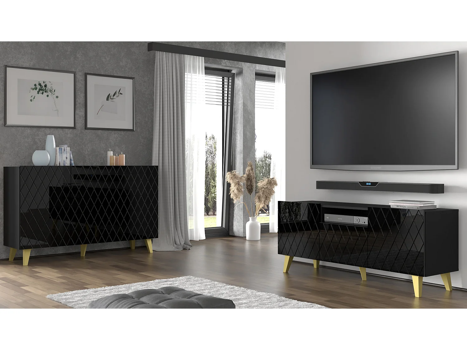 Cómoda DIUNA 145 cm 3D con patas en negro brillante