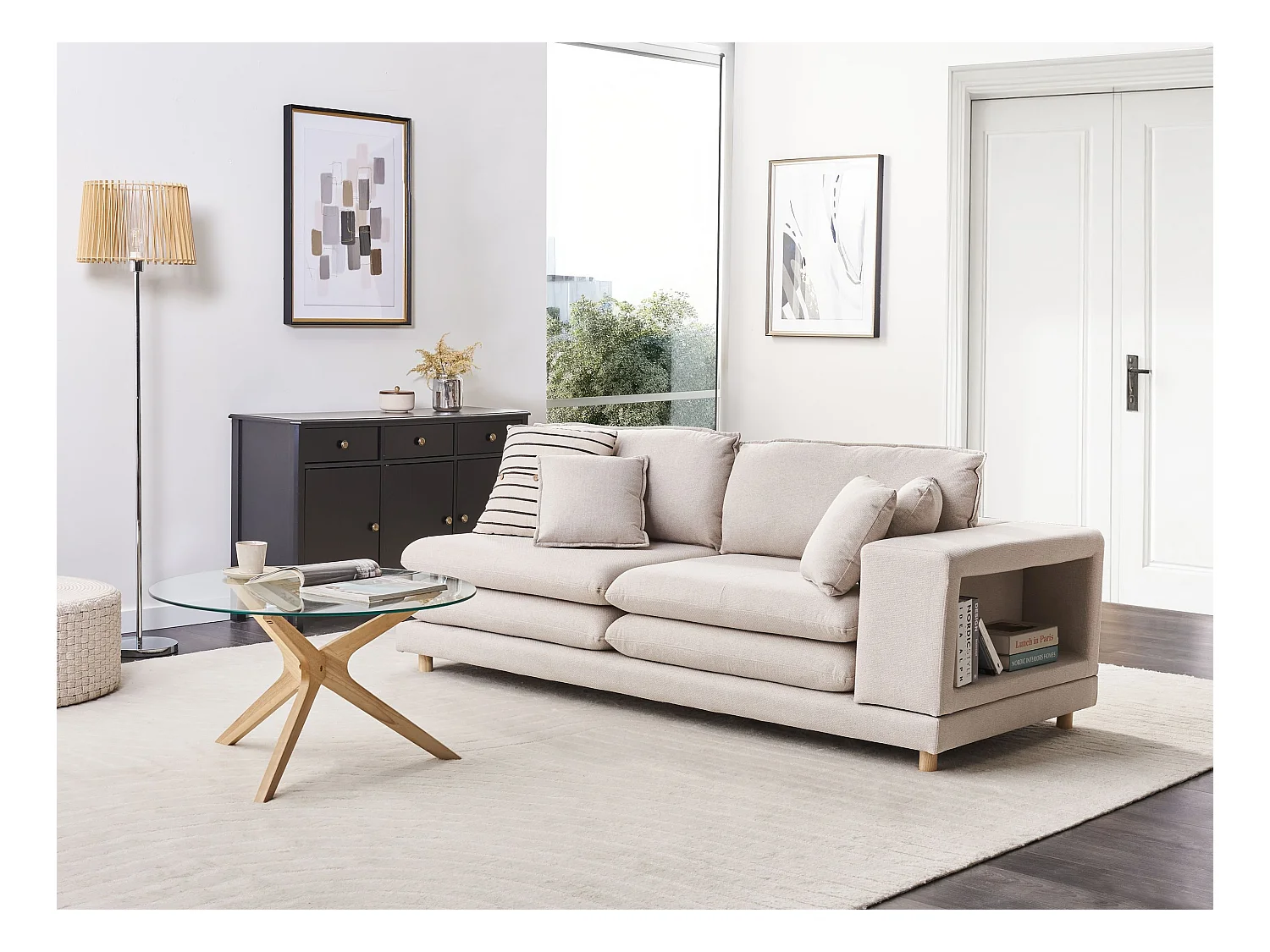 Canapé 2 places HEDEN Tissu Beige avec coussin