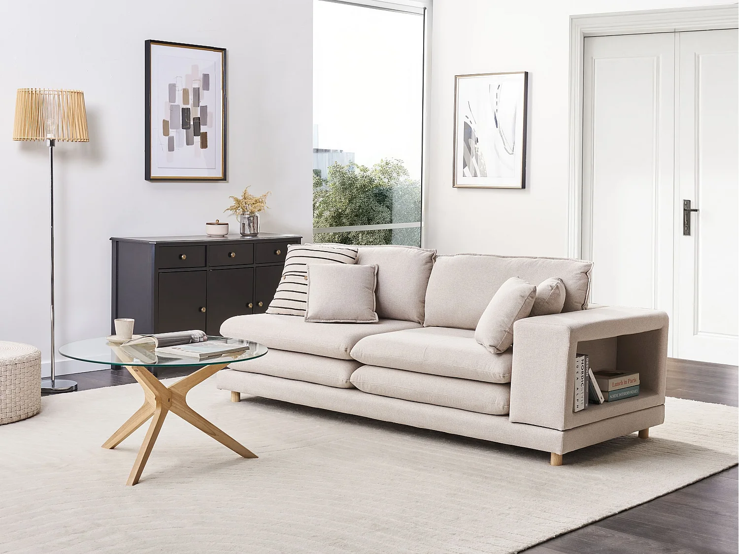 Canapé 2 places HEDEN Tissu Beige avec coussin