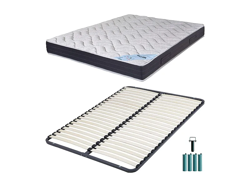Matelas mousse + Sommier métal démonté 140x190 Melior - Hauteur 20 cm - Soutien ferme