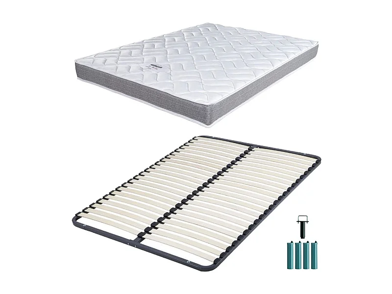 Matelas mousse + Sommier métal démonté 160x200 Morgan - Hauteur 17 cm - Soutien ferme