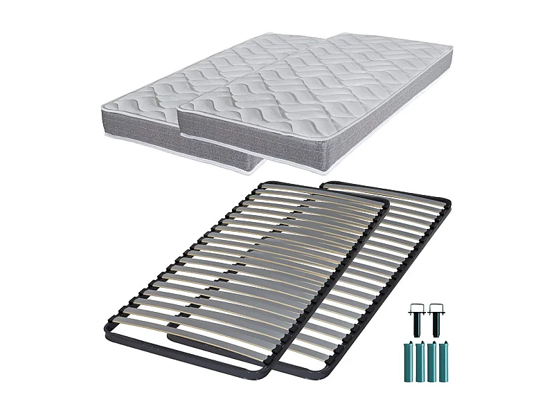 Matelas mousse + Sommier métal C220 2x90x190 Morgan - Hauteur 17 cm - Soutien ferme