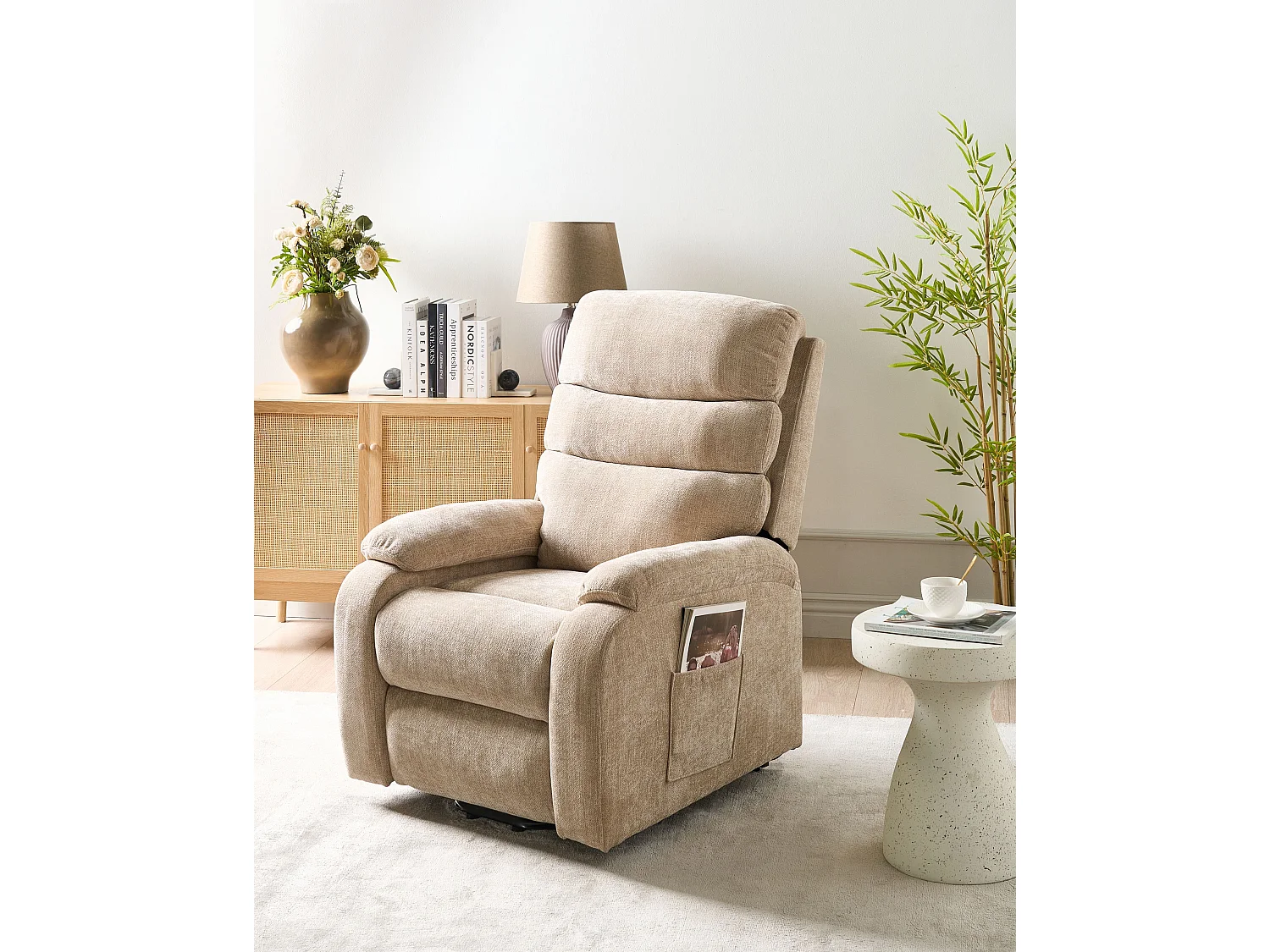 Electric Recliner Chair RISE with Footrest Fabric Beige