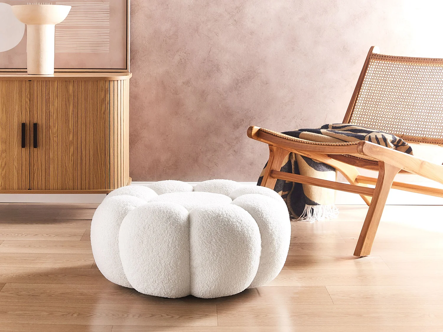 Pouf BEAUFORT Bouclé Blanc cassé 60 cm 60 cm 27 cm