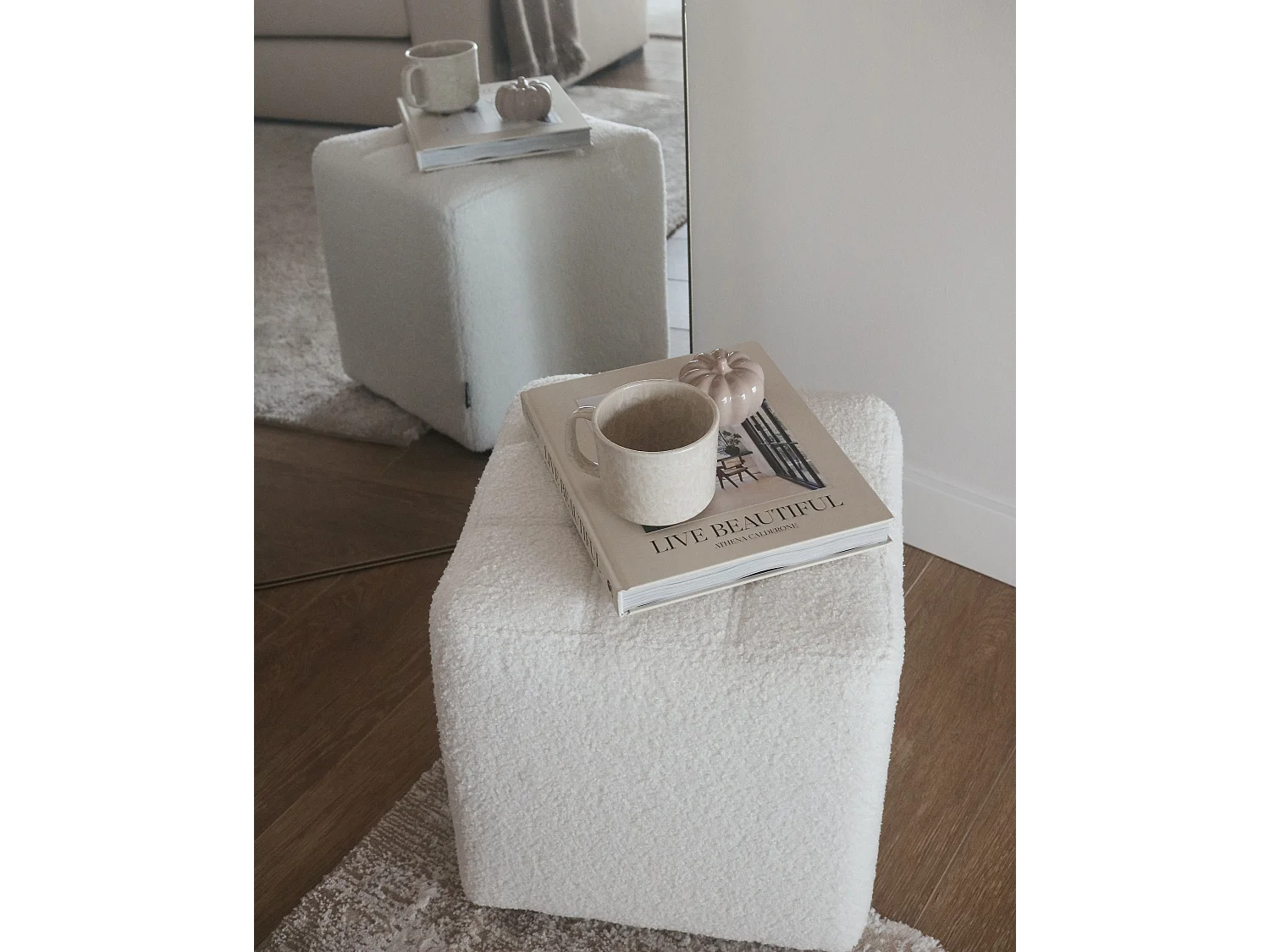 Poef KANSAS Bouclé Wit 38 cm 38 cm 39 cm