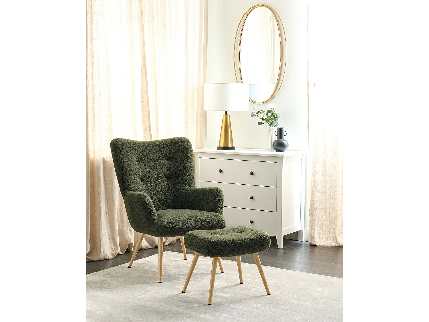 Ohrensessel mit Hocker Stoffbezug Bouclé grün gesteppt Metallbeine Vejle II