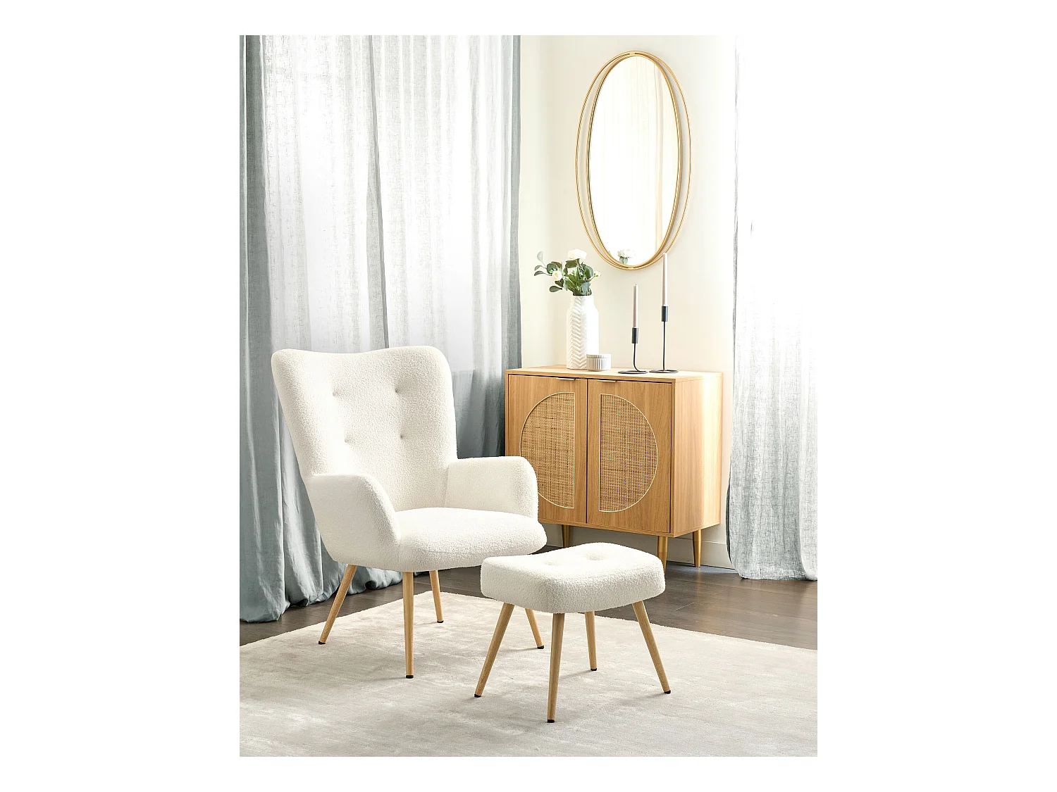 Ohrensessel mit Hocker Stoffbezug Bouclé weiß gesteppt Metallbeine Retro Vejle II