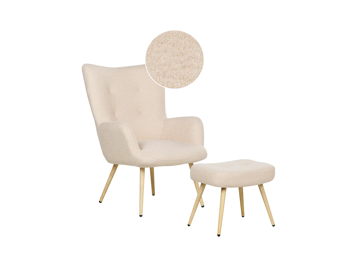 Ohrensessel mit Hocker Stoffbezug Bouclé beige gesteppt Holzbeine Retro Vejle II