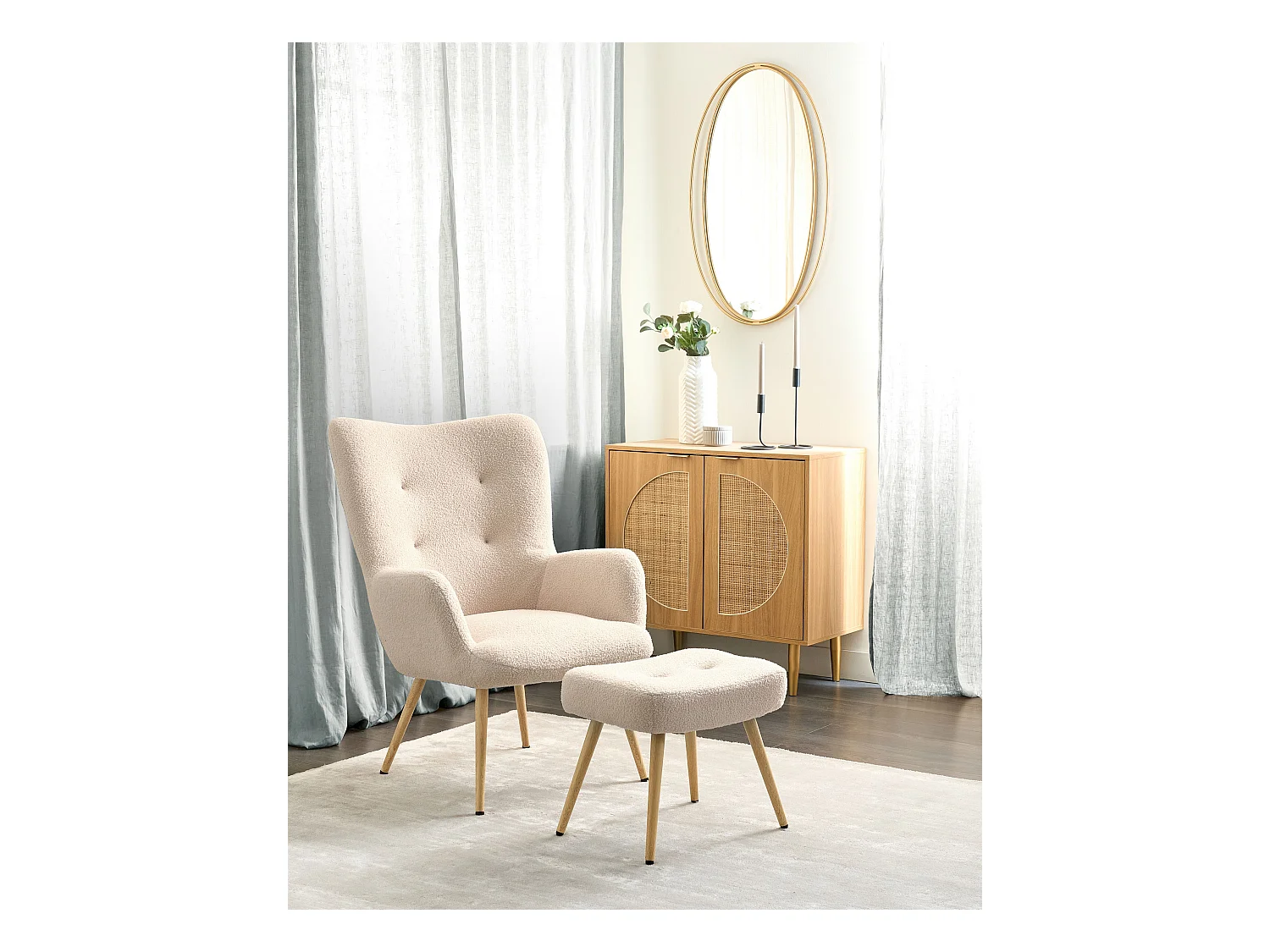 Ohrensessel mit Hocker Stoffbezug Bouclé beige gesteppt Holzbeine Retro Vejle II