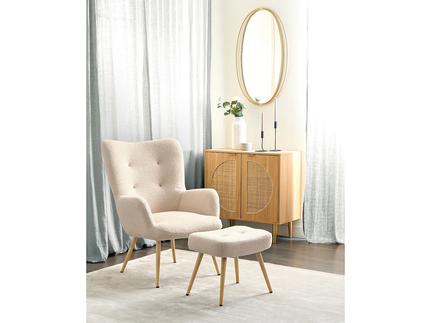 Ohrensessel mit Hocker Stoffbezug Bouclé beige gesteppt Holzbeine Retro Vejle II