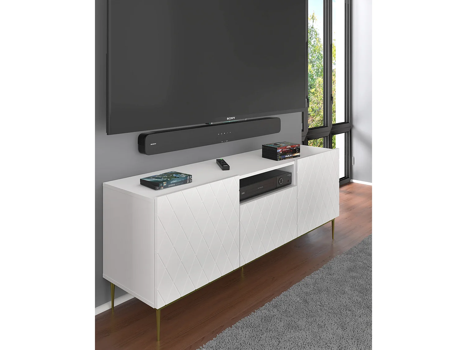 TV-Möbel DIUNA 145 cm mattweiß mit Rahmen