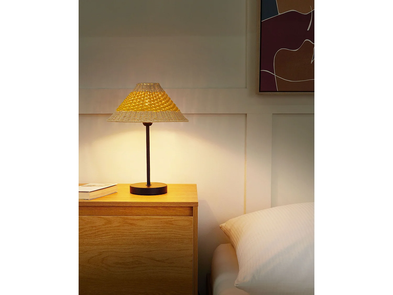 Boho Tischlampe Papiergeflecht beige / gelb 40 cm mit Schirm Kegelform Momba