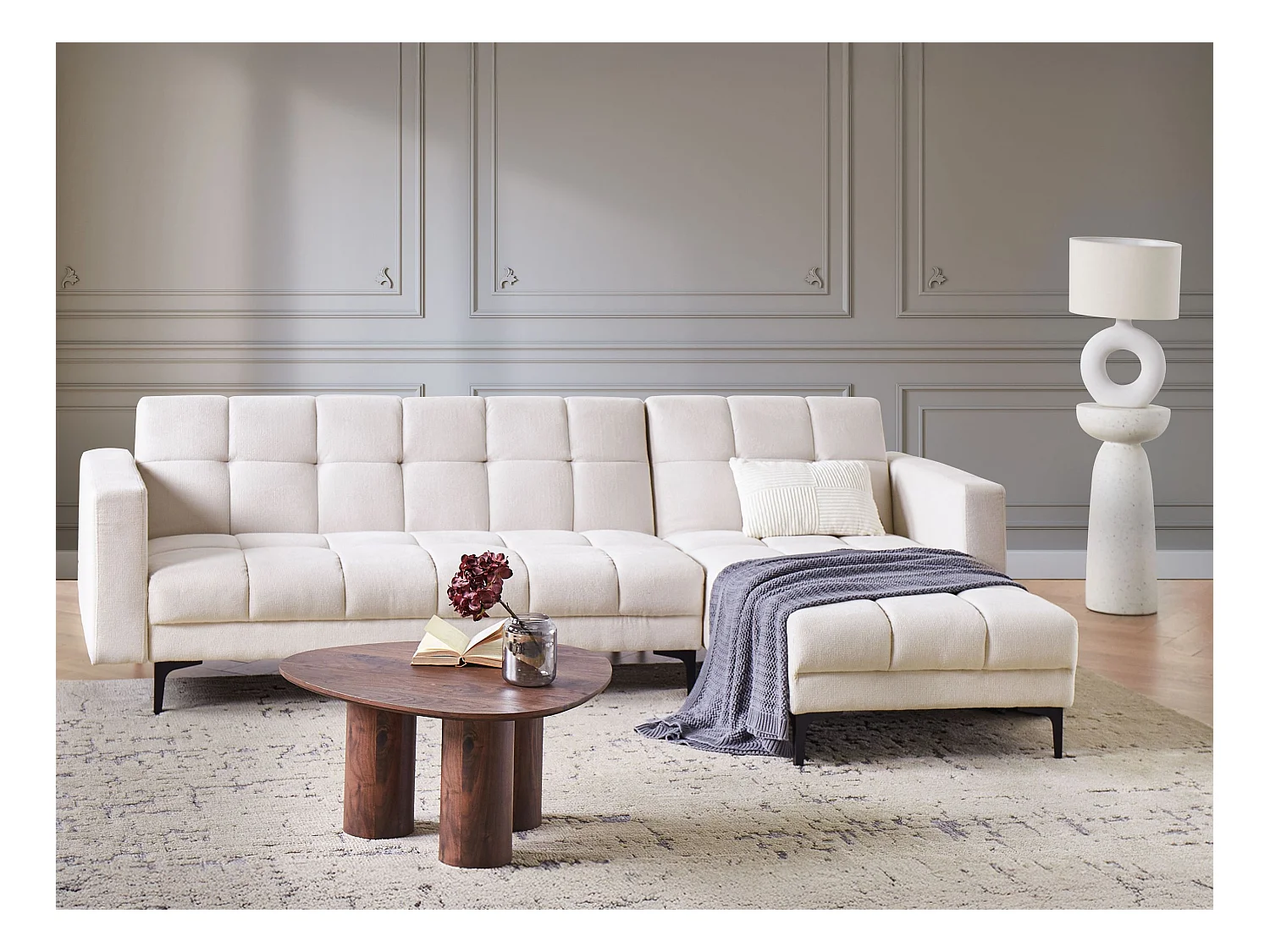 Ecksofa Stoff creme weiß gesteppt 4-Sitzer linksseitig mit Schlaffunktion Alnes