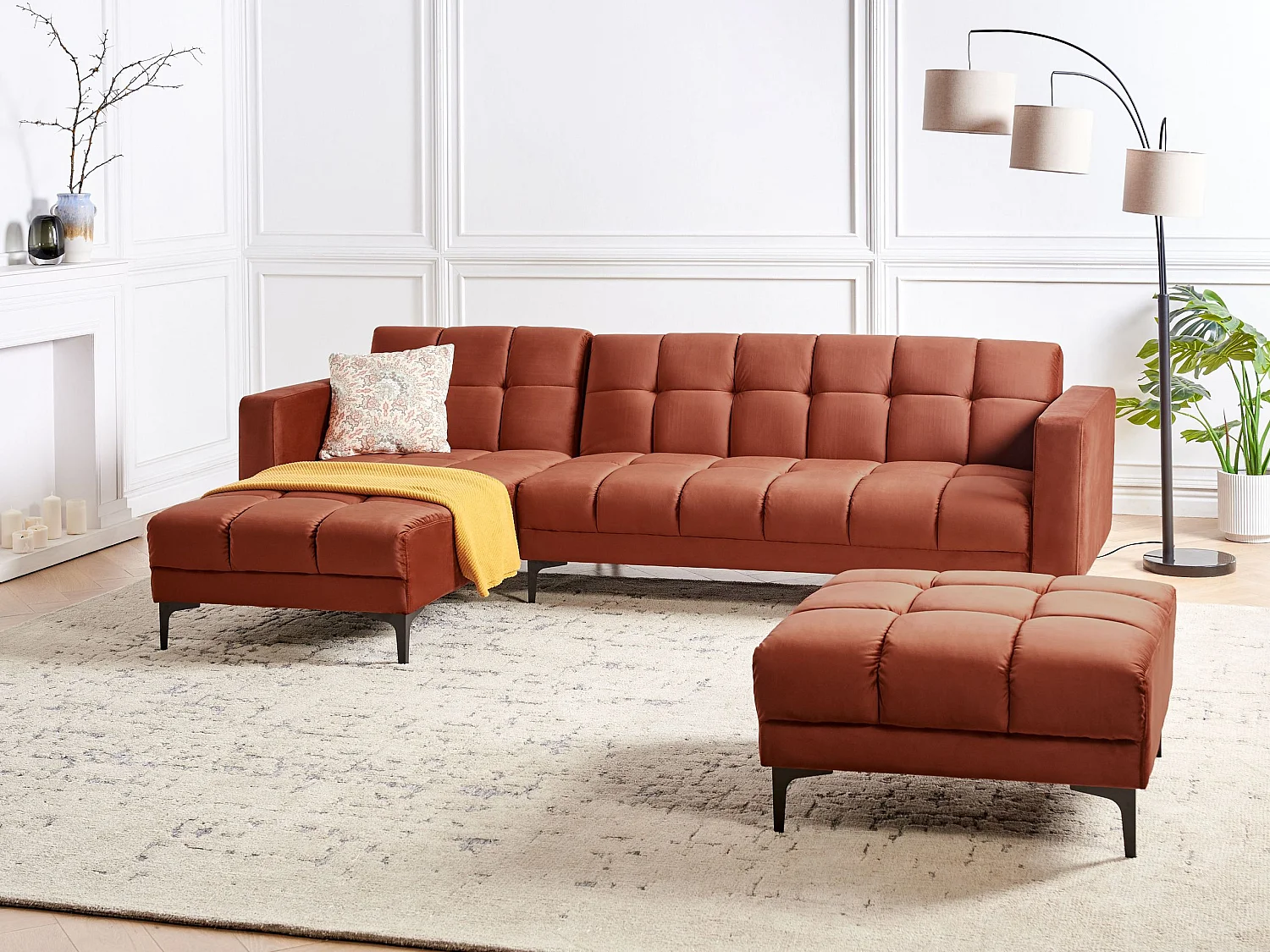 Canapé-lit d'angle modulable 4 places ALNES Velours Rouge clair avec ottoman Côté droit