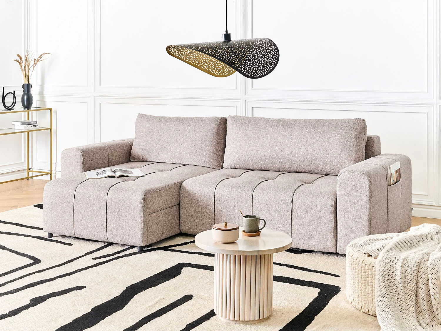 Hoekslaapbank INNVIK Stof Lichtbruin met opbergruimte 3-zitter Rechterzijde