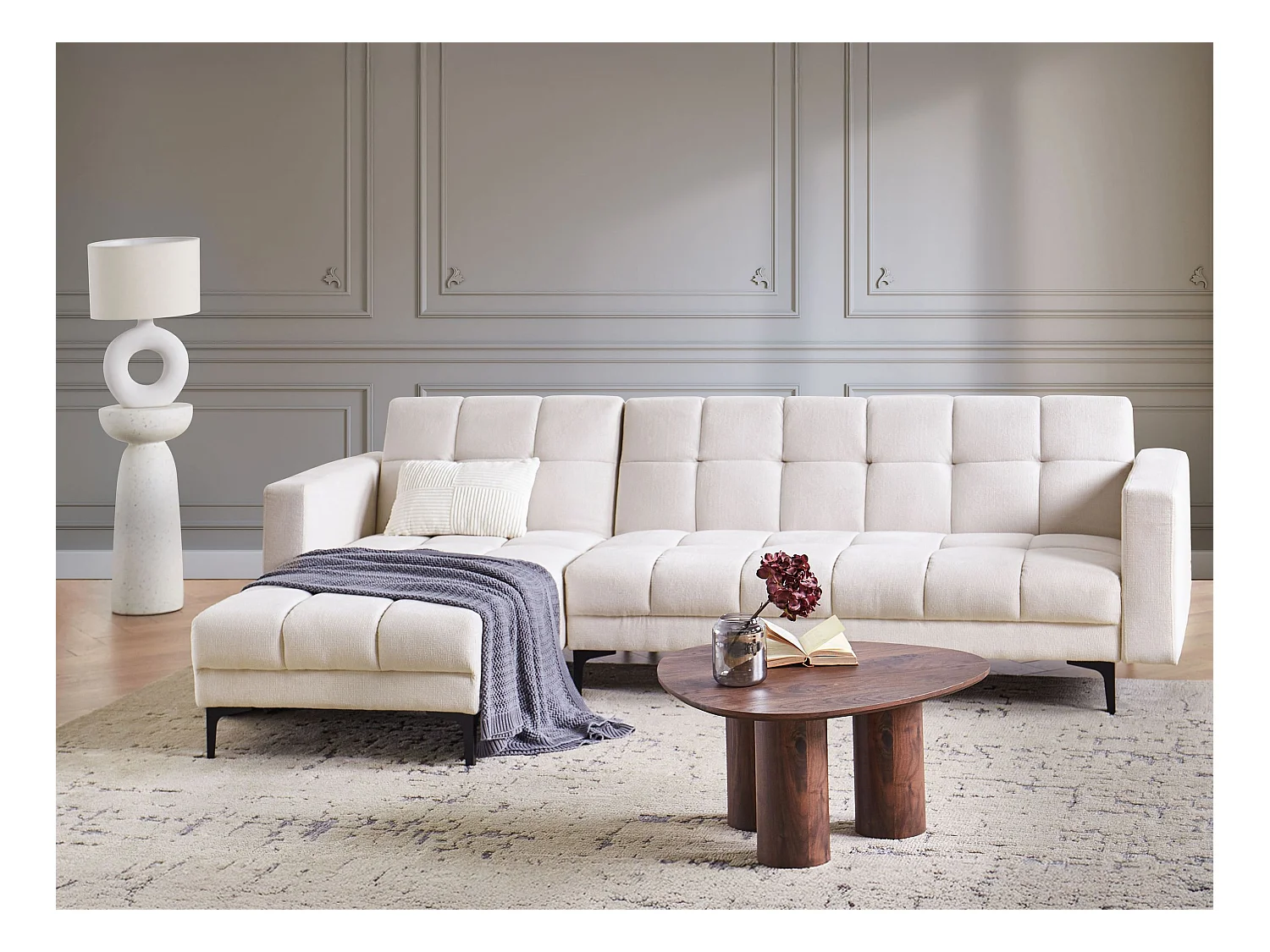 Canapé-lit d'angle modulable 4 places ALNES Tissu Blanc cassé Côté droit