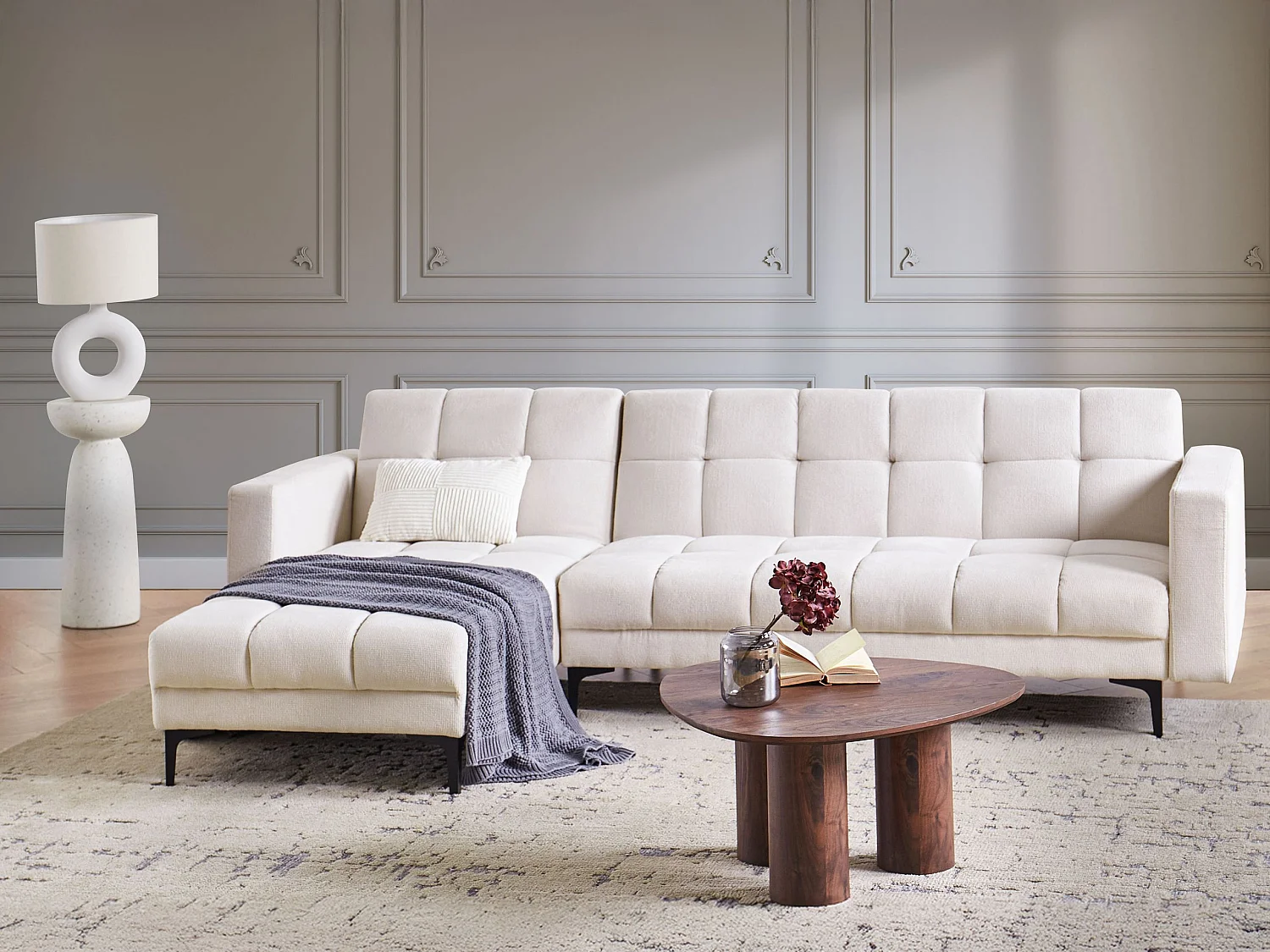 Canapé-lit d'angle modulable 4 places ALNES Tissu Blanc cassé Côté droit