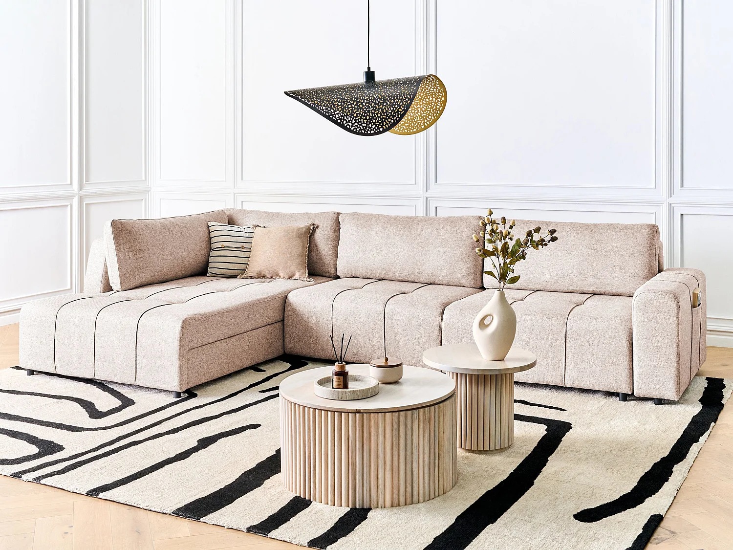 Hoekslaapbank INNVIK Stof Lichtbruin met opbergruimte 4-zitter Rechterzijde