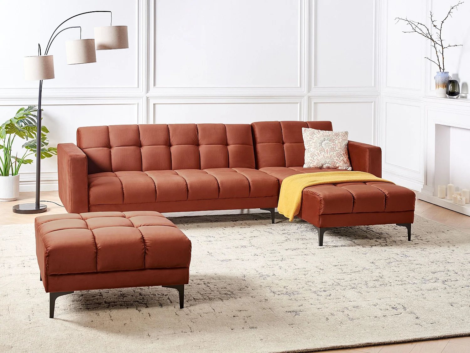 Canapé-lit d'angle modulable 4 places ALNES Velours Rouge clair avec ottoman Côté gauche