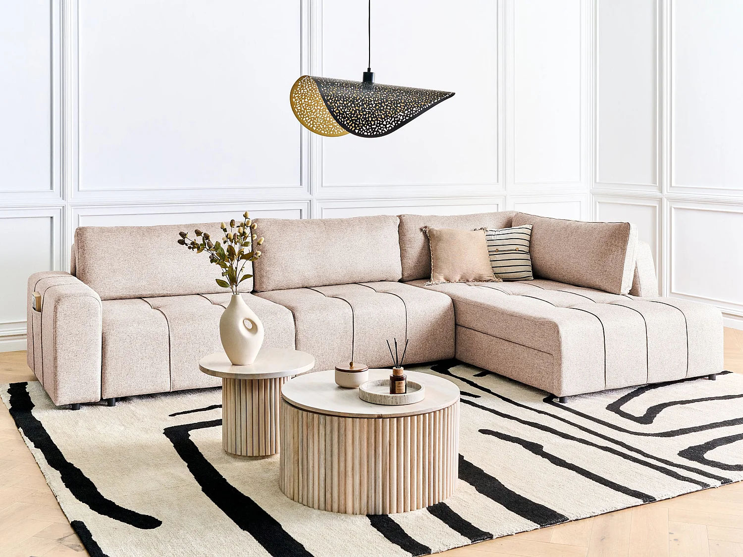 Hoekslaapbank INNVIK Stof Lichtbruin met opbergruimte 4-zitter Linkerzijde