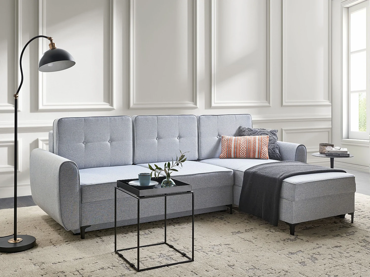 Eckschlafsofa SIMRIS Stoff Hellblau mit Stauraum 3-Sitzer linksseitig