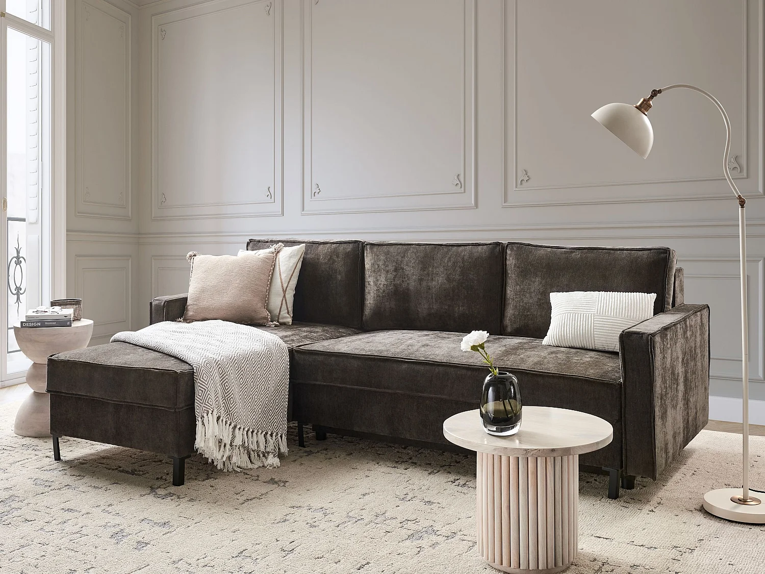 Canapé-lit d'Angle à gauche en Tissu avec Rangement et Dossier Rembourré Marron Tejn