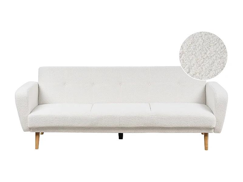 3-Sitzer Sofa Bouclé weiß mit Schlaffunktion Holzbeine Schlafsofa Florli