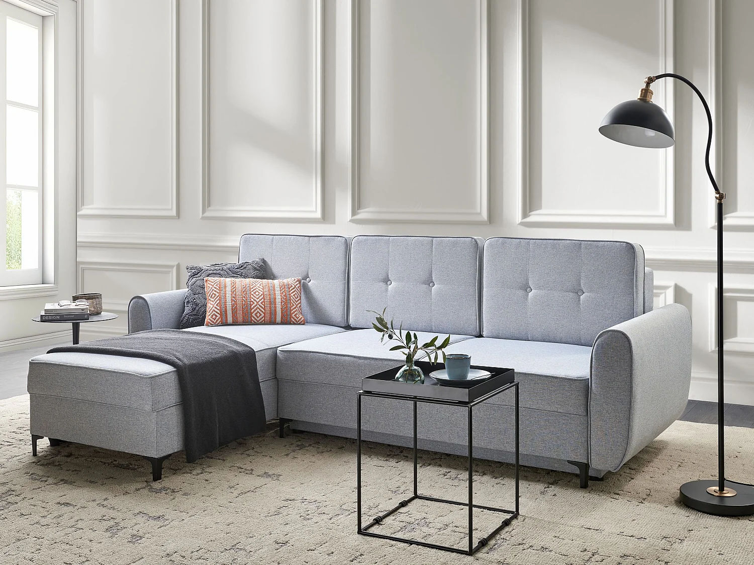 Canapé-lit d'Angle à gauche en Tissu Coussins Dossier avec Rangement Bleu Simris