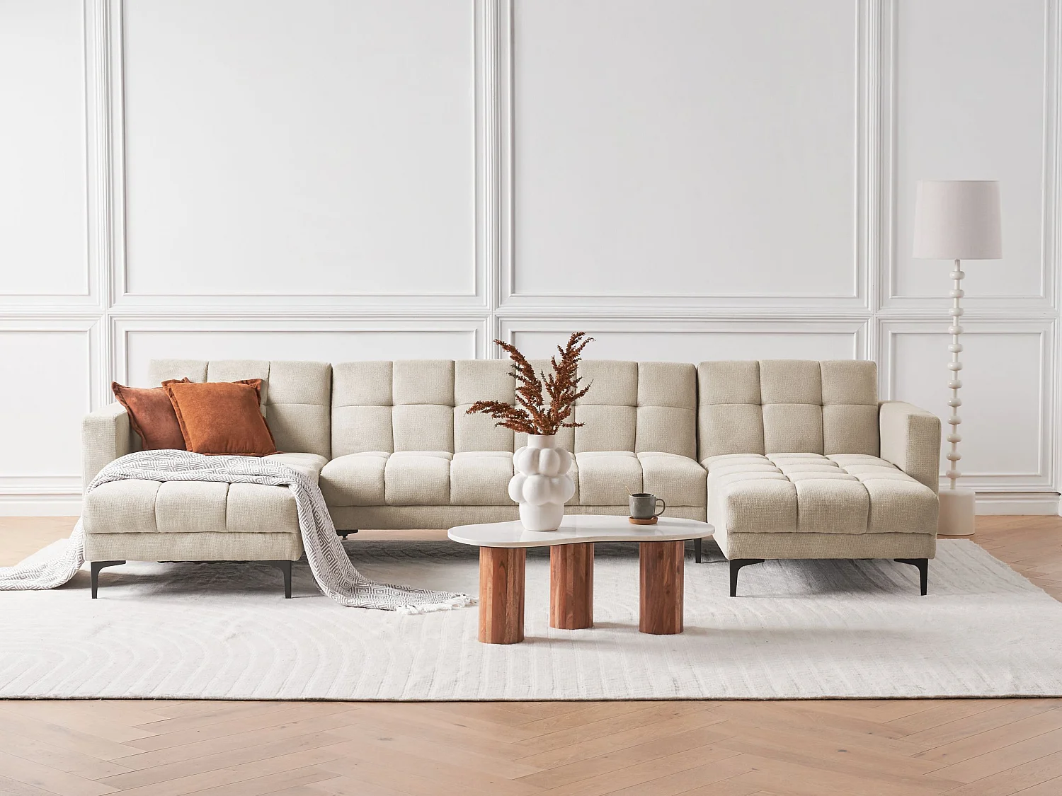 Canapé-lit modulable en forme de U 5 places ALNES Tissu Beige